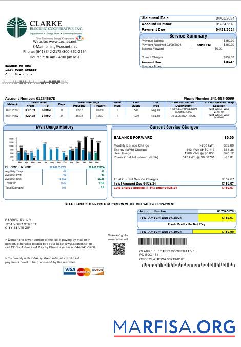 Blank USA Iowa Clarke Electric Cooperative, Inc business utility bill template in Word and PDF formats